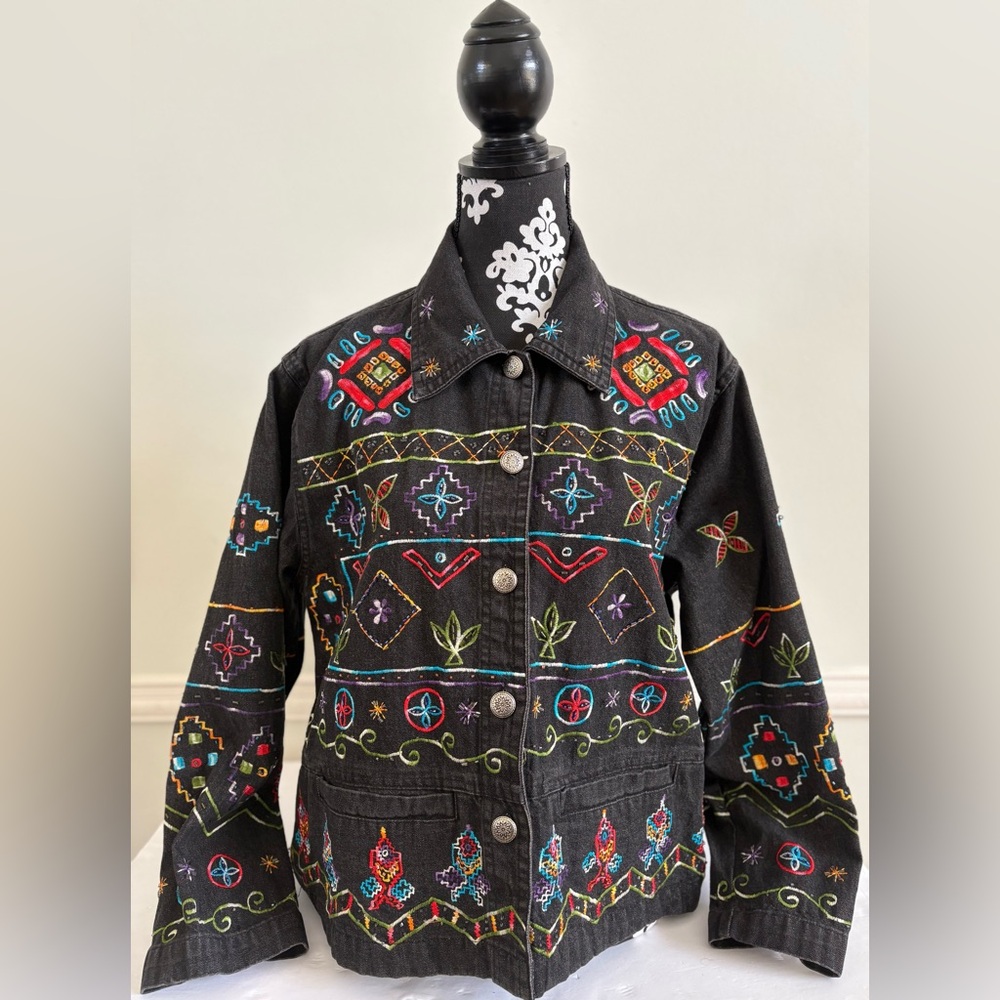 VINTAGE New Directions Embroidered Black Denim Jacket Sz: XL  90s